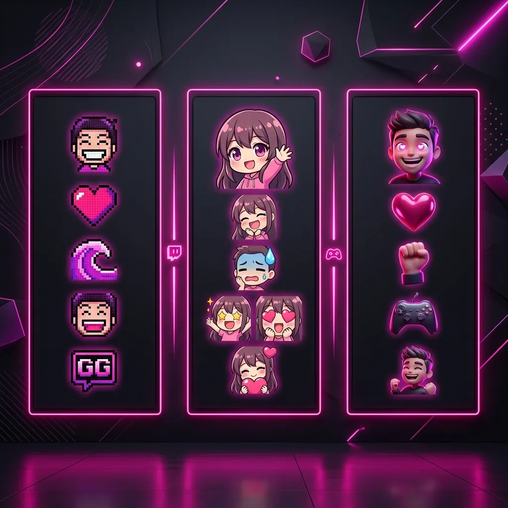 Infographic detailing three distinct art styles generated by the AI Twitch Emote Generator: Pixel Art, Chibi Anime, and 3D Render