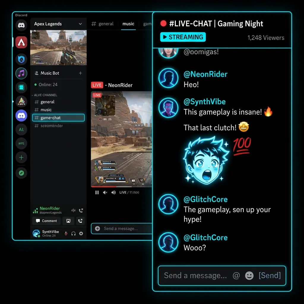 Dark mode chat preview showing premium glowing badges generated by the Sub Badge Maker