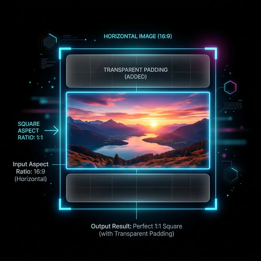 A premium dark mode illustration showing an Aspect Ratio Cropper padding an uneven image