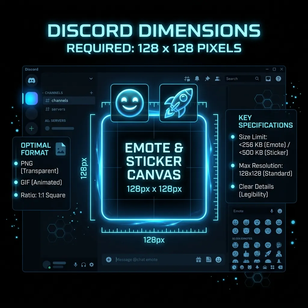 Infographic detailing the exact Discord Emoji Resizer dimensions: 128x128