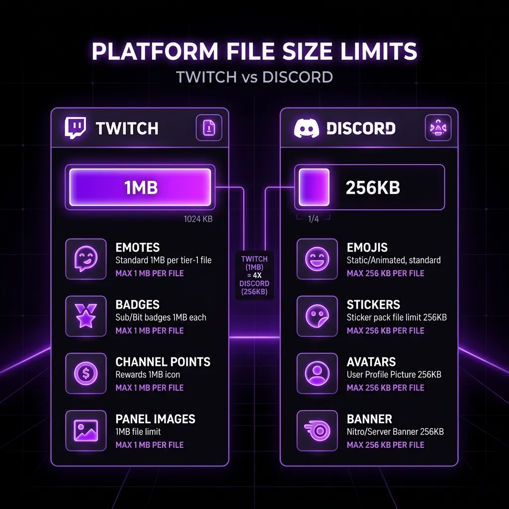 Infographic detailing the 1MB Twitch limits vs 256KB Discord limits managed by the Twitch GIF Compressor