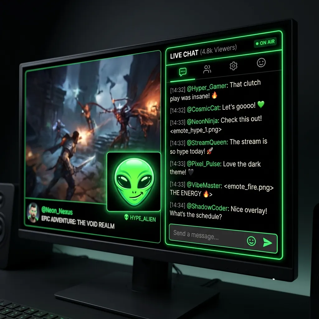 Dark mode chat preview showing crisp emotes generated by the Kick Emote Resizer