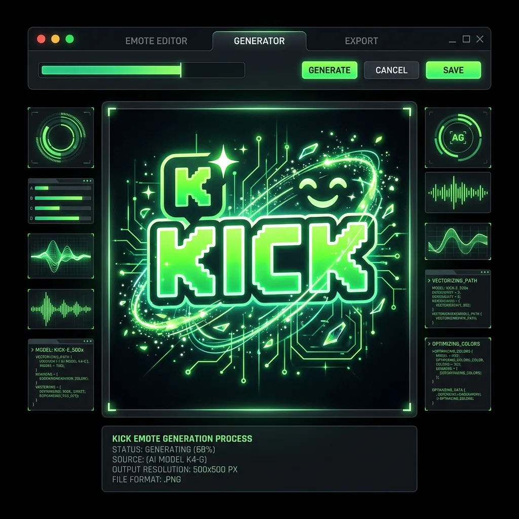 A premium dark mode illustration showing a Kick Emote Resizer optimizing an image to 500x500