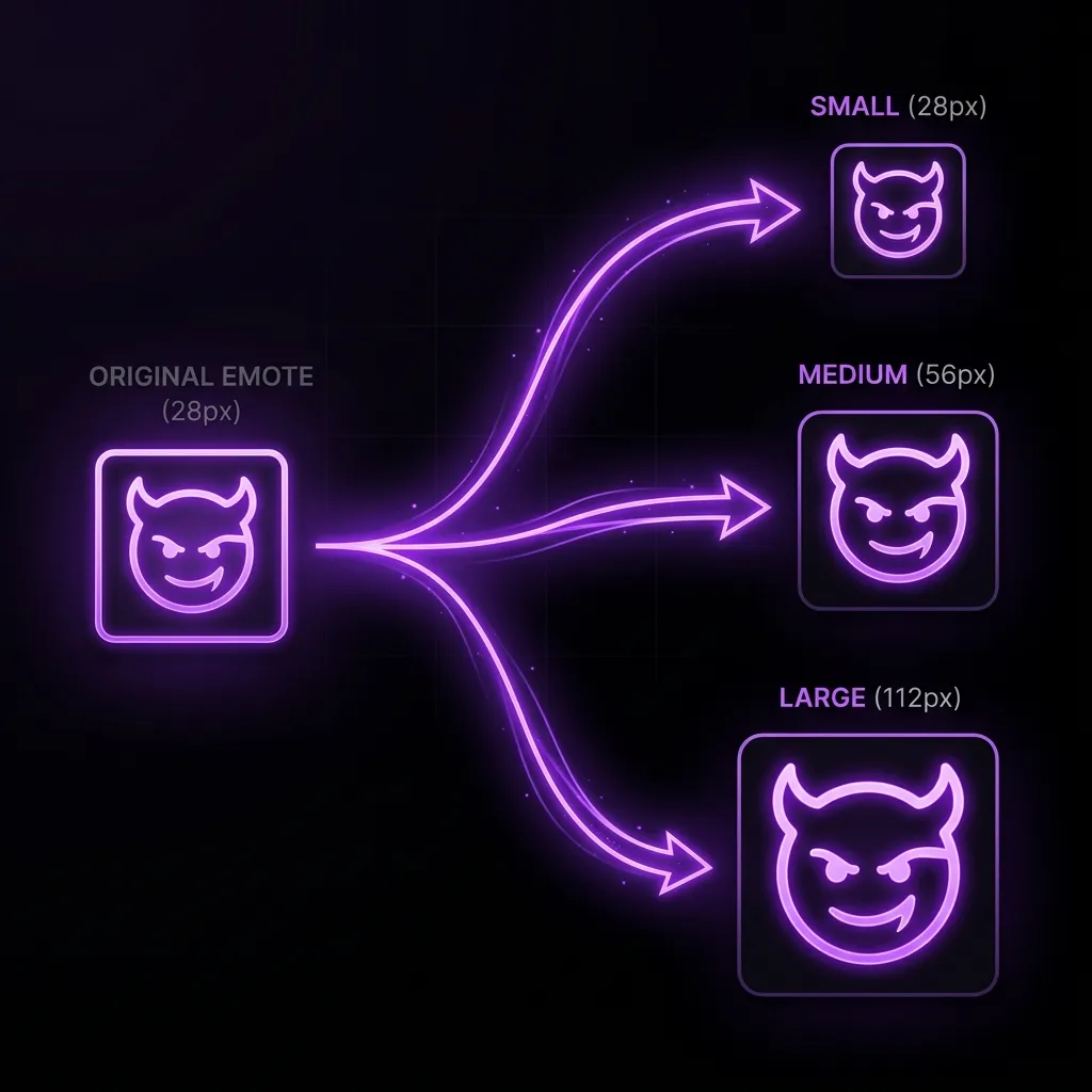 A premium dark mode illustration showing a Twitch Emote Resizer splitting an image into 28x28, 56x56, and 112x112