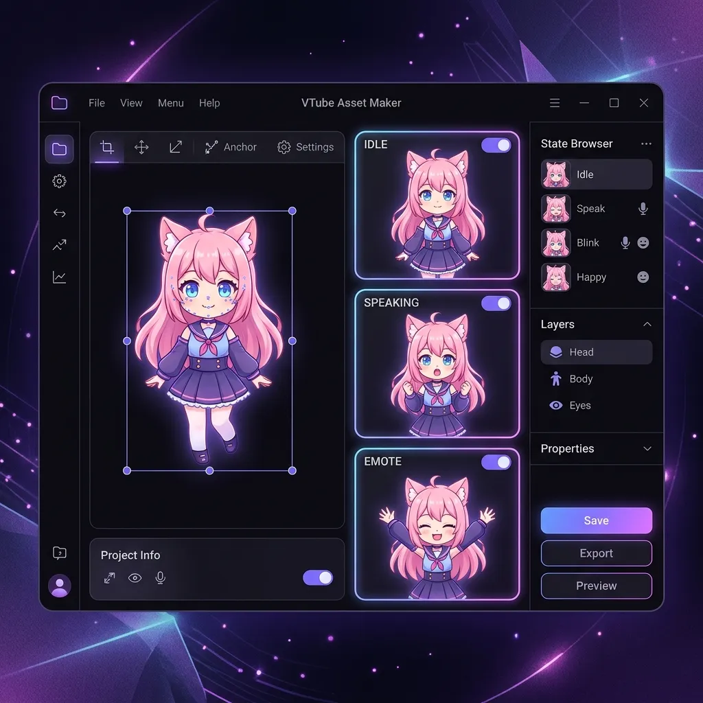 A premium dark mode illustration showing a PNGTuber Asset Maker automatically generating idle and speaking animation states